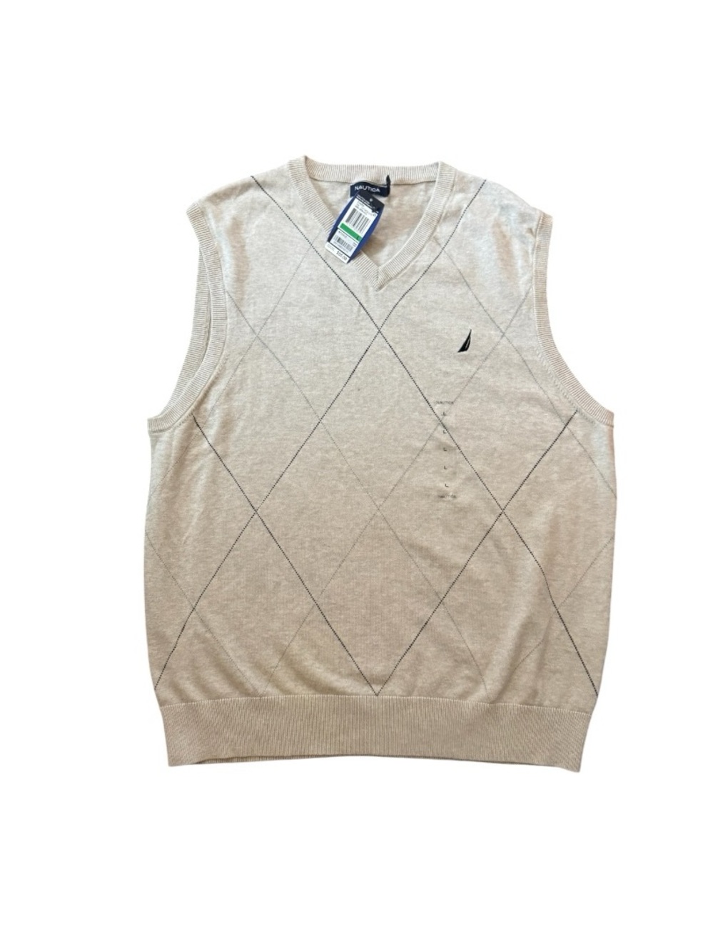Nautica Tan V-Neck Argyle Knit Sweater Vest